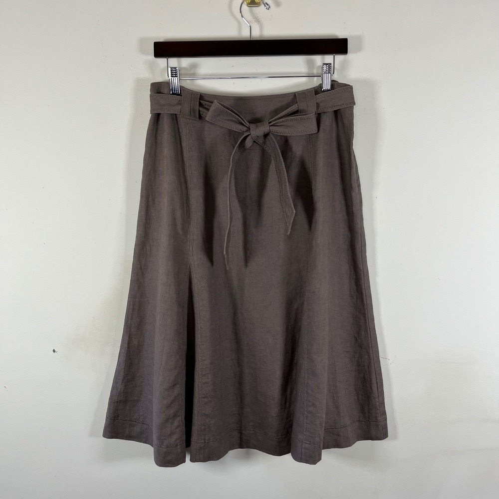 Orvis 100% Linen Brown Knee Length Flared Midi Skirt Waist Tie Womens 10